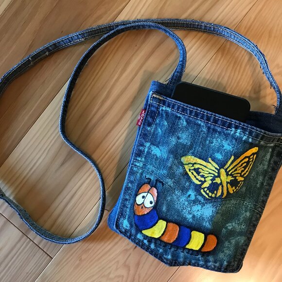 Handmade Crossbody Cell Phone Bag: Painted Whimsical Caterpillar Jean Purse - Picture 5 of 8